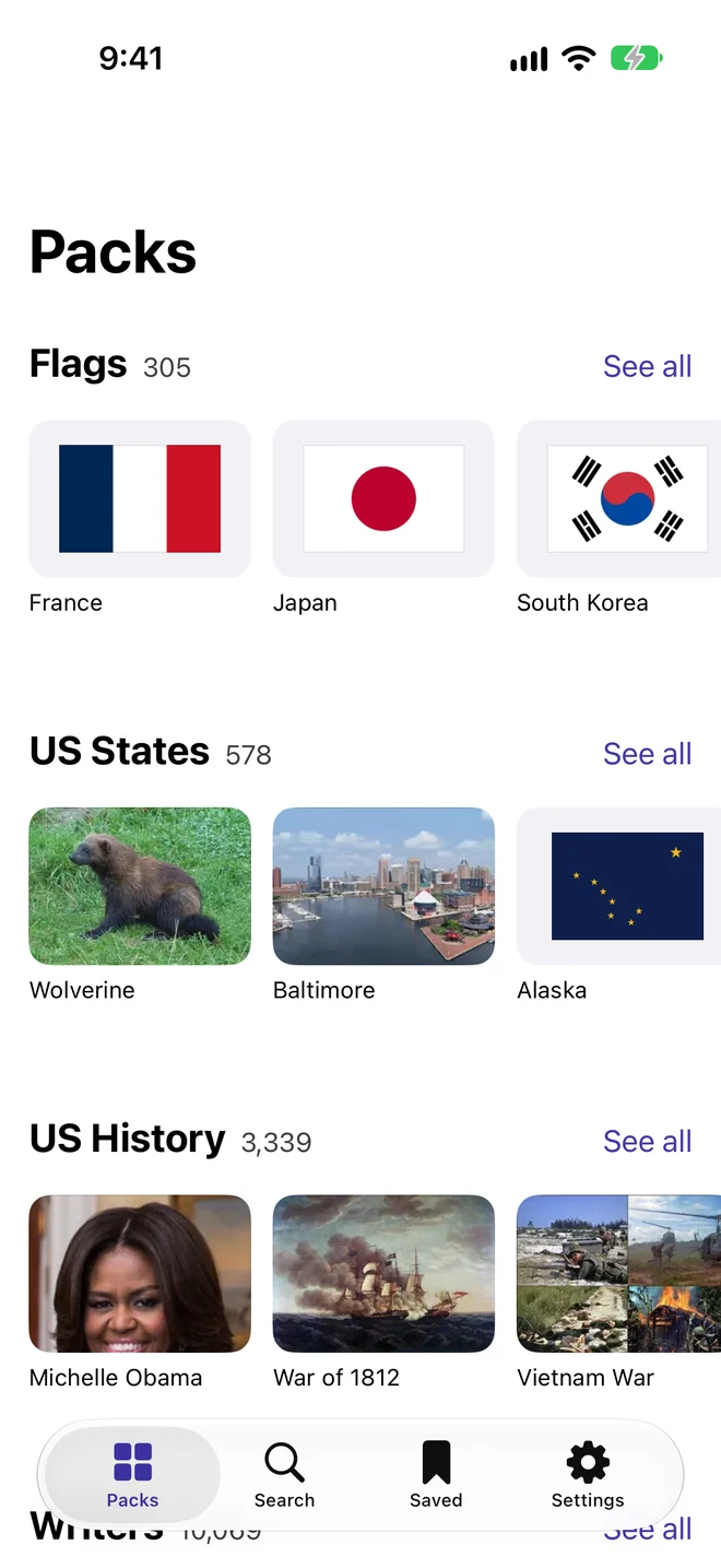 The Packs screen in Gnawledge. Each pack is a row of pictured topics: Flags shows France, Japan and South Korea, US States shows a wolverine, Baltimore and Alaska, and US History shows Michelle Obama, the War of 1812 and the Vietnam War.